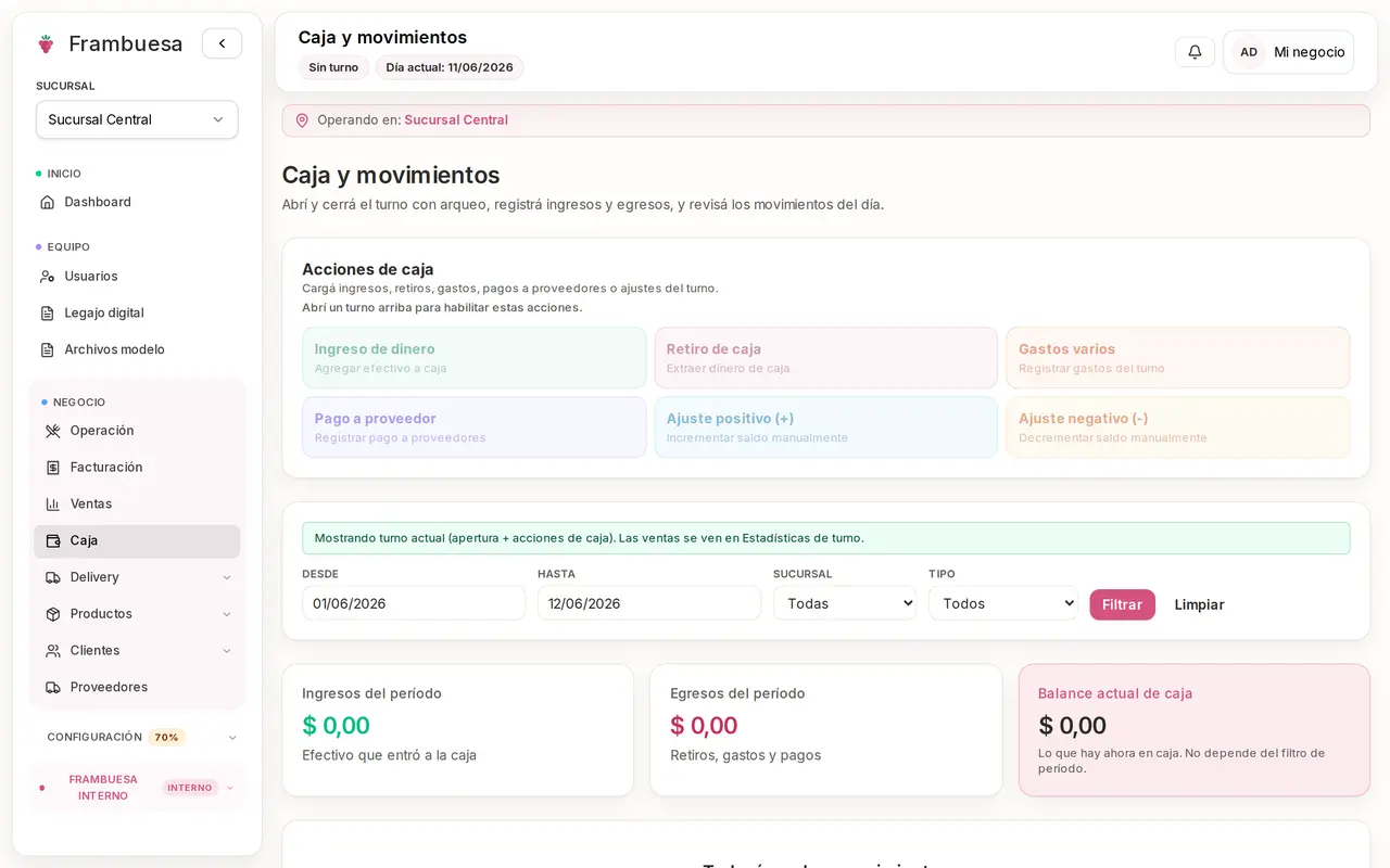 Pantalla de caja de Frambuesa con acciones, movimientos y cierre de turno